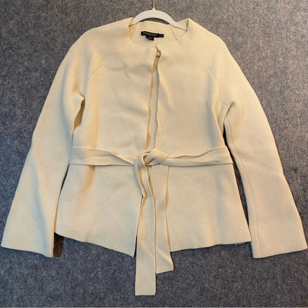 Pendleton Cardigan Womens PL Ivory Belted‎ Merino Wool Rabbit Hair Old Money